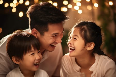 Father with his children smiling, Father's Day celebration image