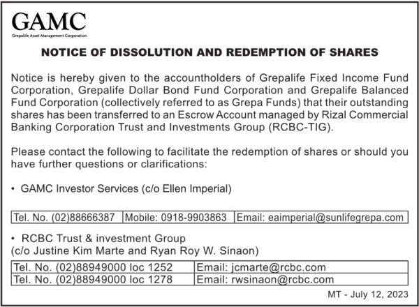 Notice of Dissolution and Redemption of Shares